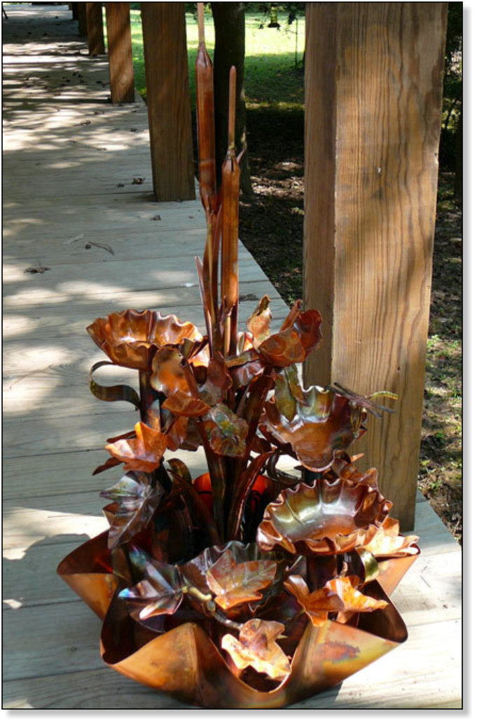 Five tiered copper waterfall with two irises